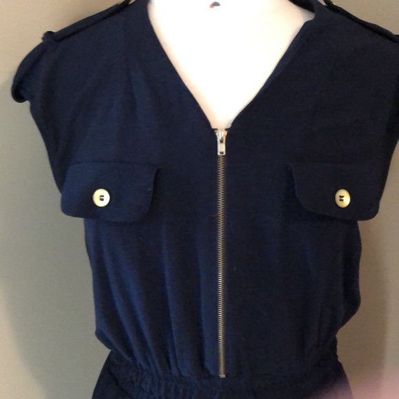 Emma and Michele Navy Jumpsuit Elastic Waist Zipper Top Gold Button Size Medium - Picture 2 of 5